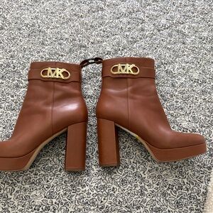 Michael Kors Chestnut Leather Platform Ankle Boots with Gold MK Detail